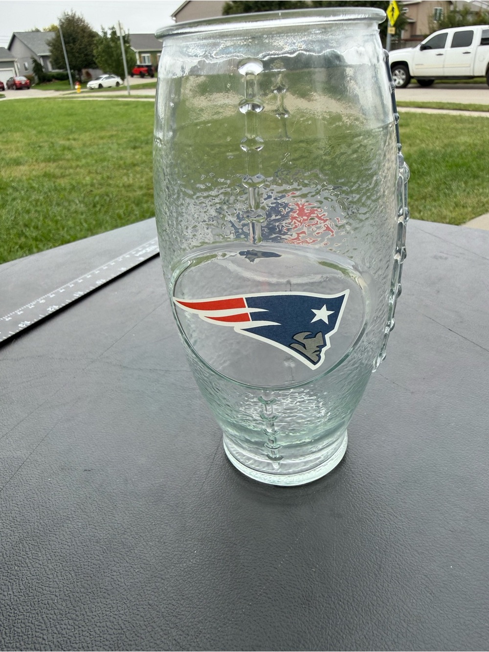 New England Patriots NFL Football Shaped Clear Drinking Beer Glass